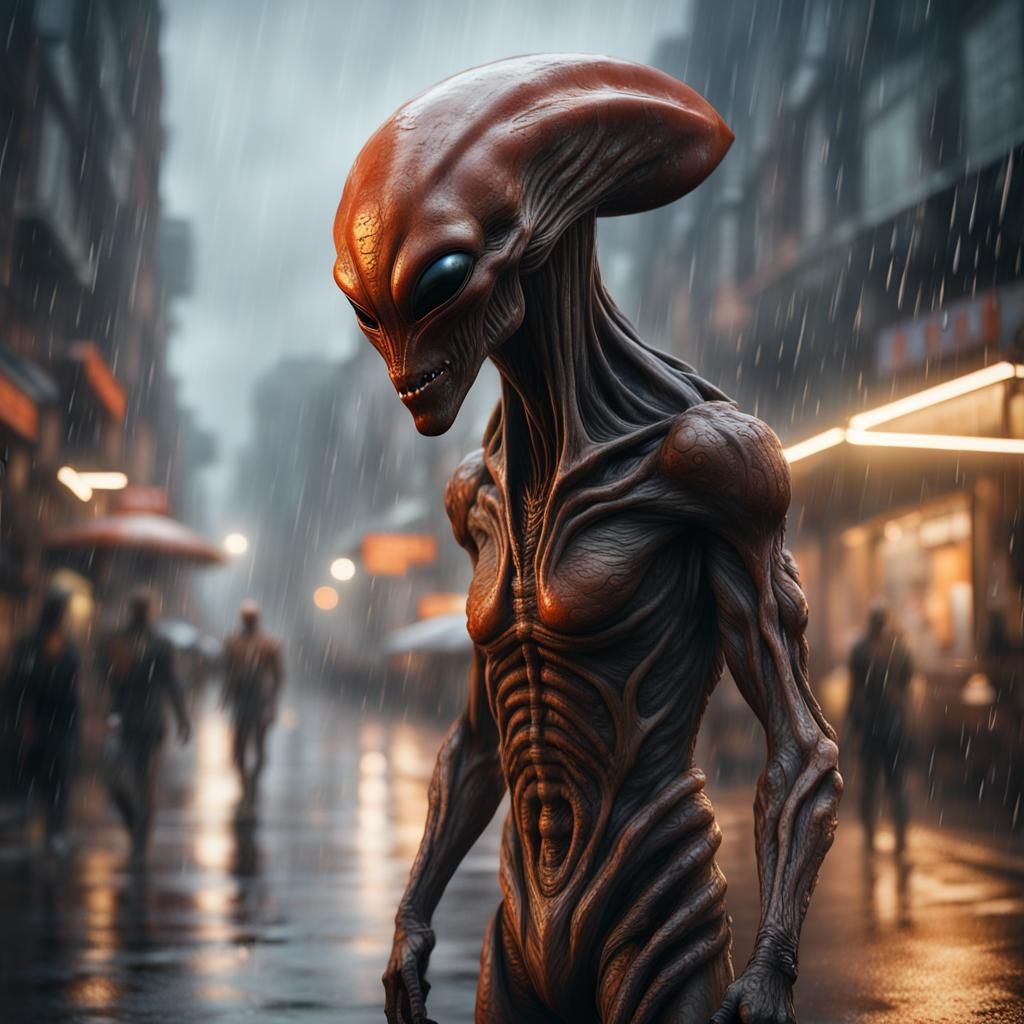 Martian Alien in Rainy City Street: Matte Painting