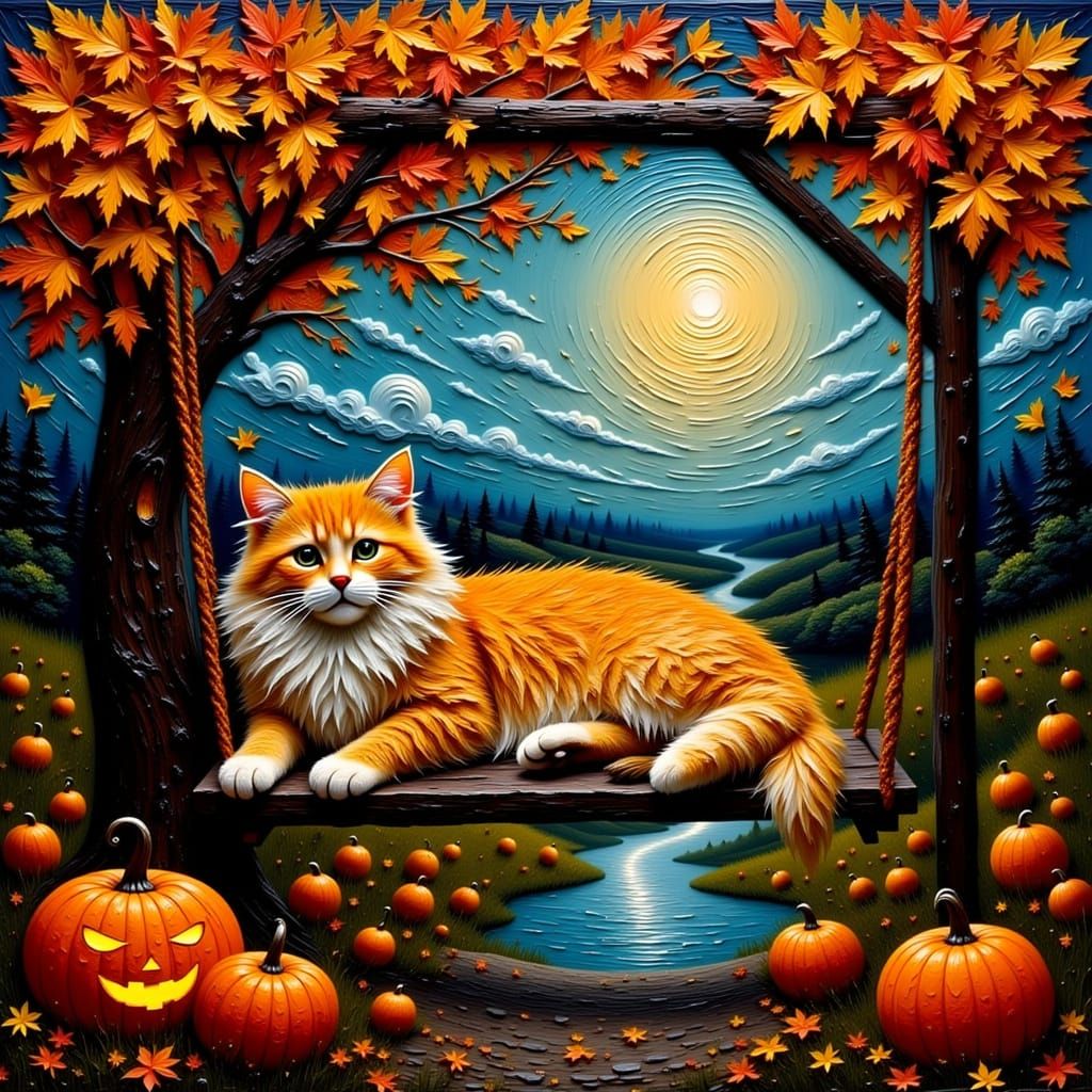 3d Impasto Long haired fluffy cat lounging on a wooden swing...