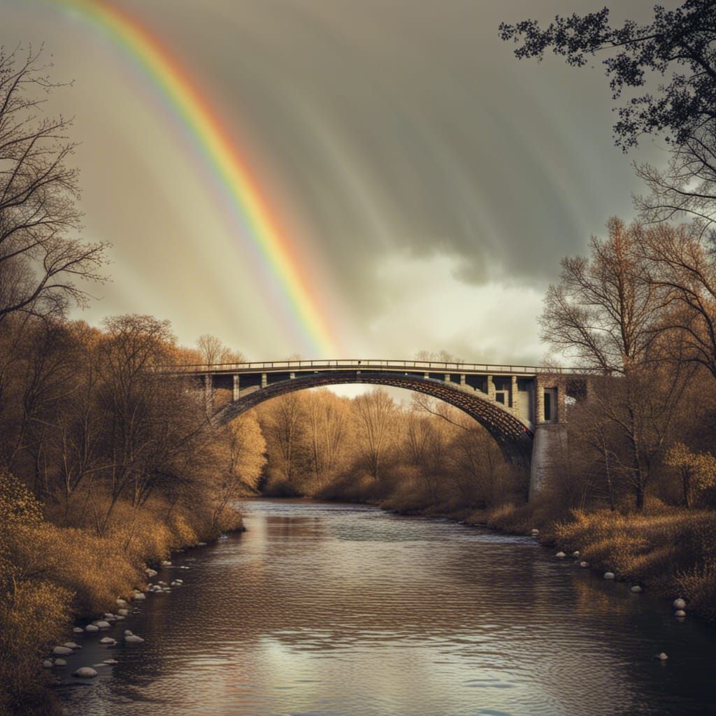 Rainbow Over Bridge in Wooded Landscape