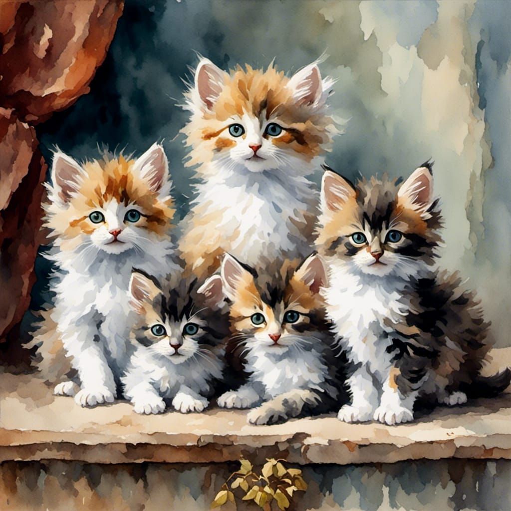 Booby Birds and Kitten in Detailed Painting Style