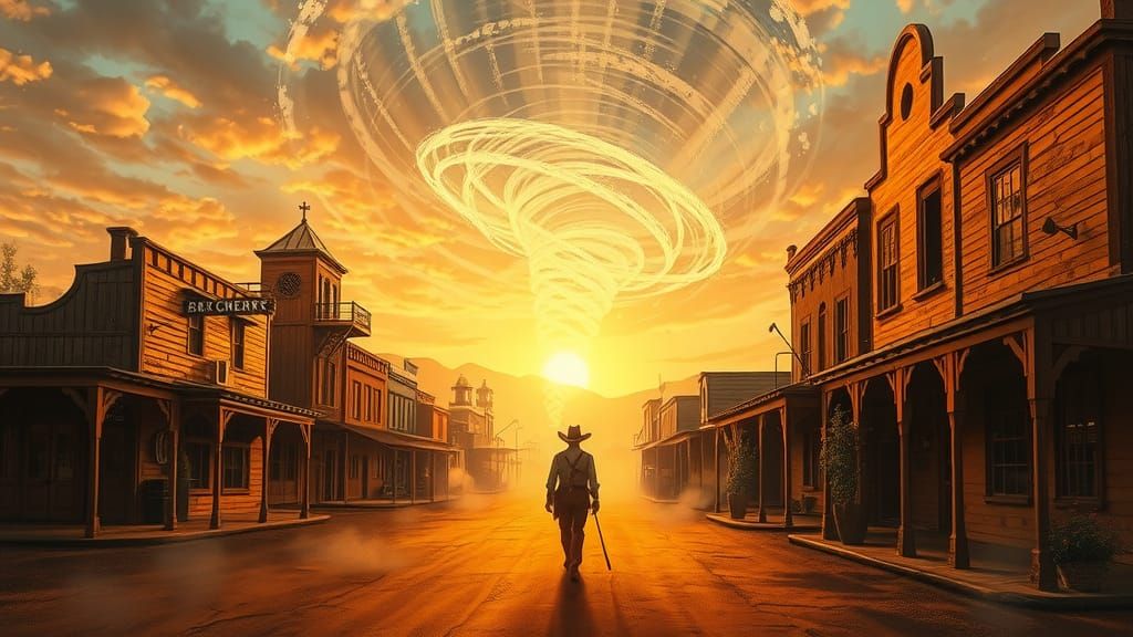 Cowboy in Mystical Western Town at Sunset