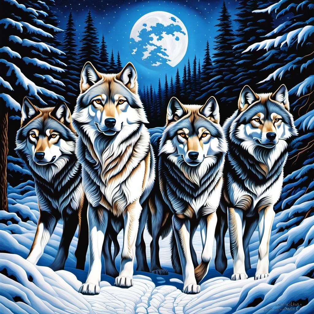 Muscular Wolf pack, deep blue eyes, monochromatic color fur, ancient Celtic clan collars, snow covered path in the woods...