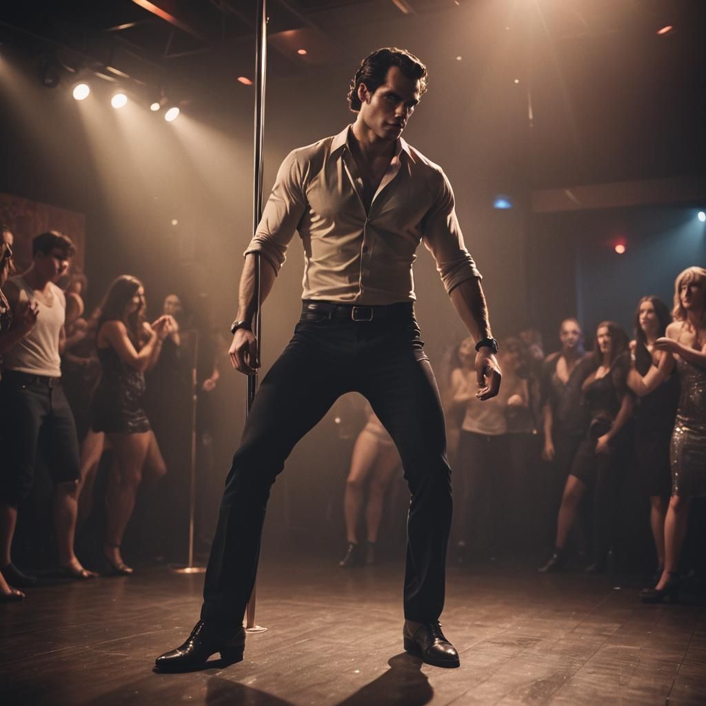 Dramatic Film Still: Man Pole Dancing in Nightclub