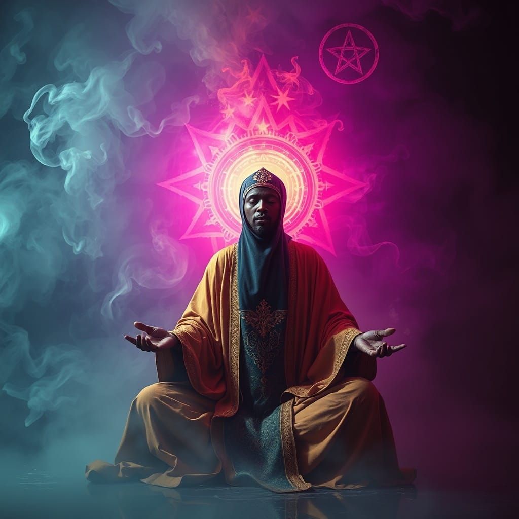 African Priest Meditating with Aura in Mystical Setting