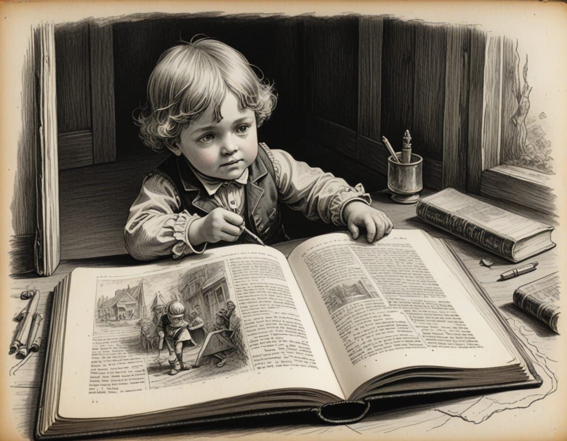 Vintage Children's Book Illustration in Pencil Sketch