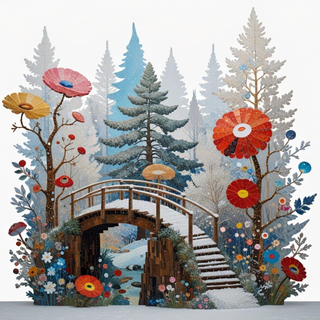 Winter Dawn Forest Bridge in Klimt & Hirst Style