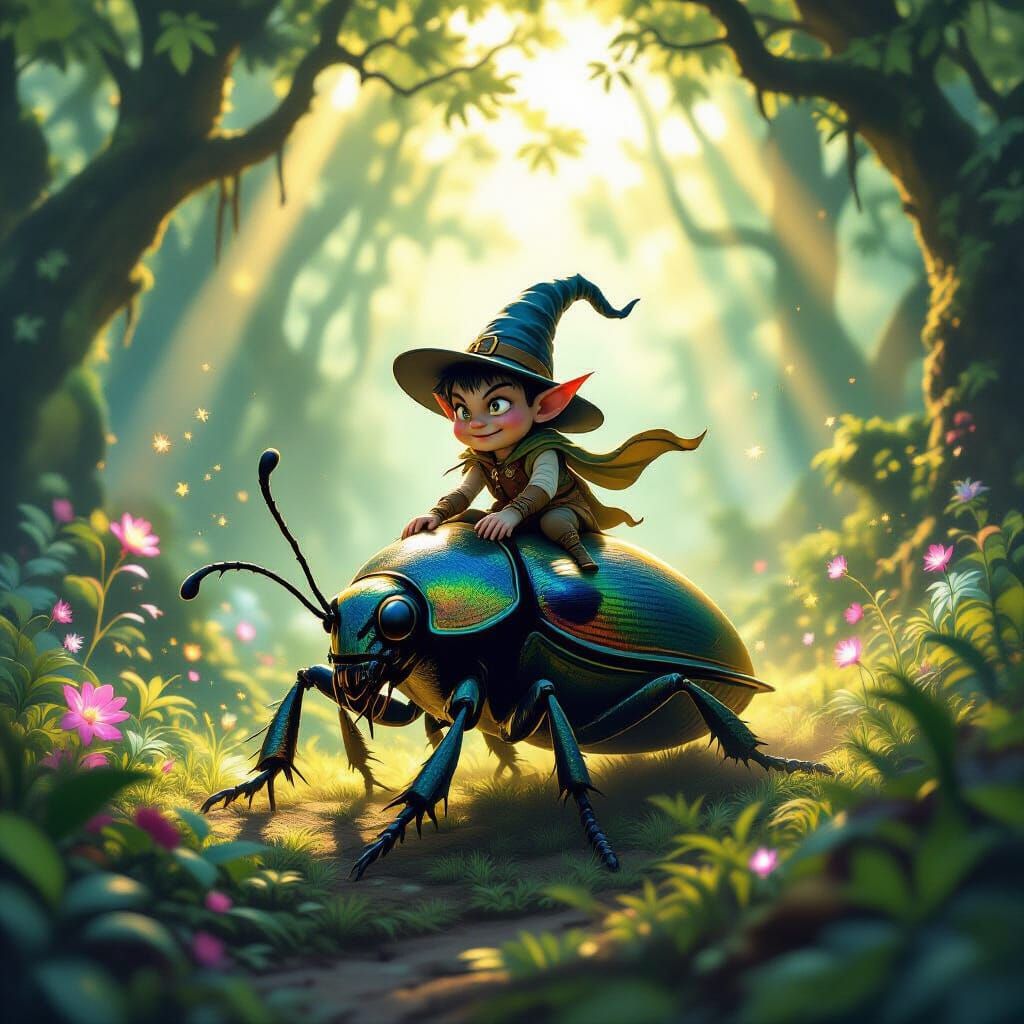 Mischievous Imp Rides Iridescent Beetle in Enchanted Forest