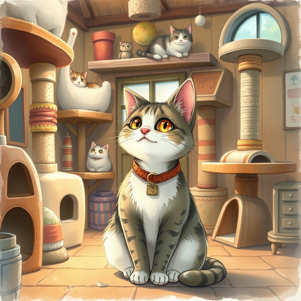 Whimsical Cat Cafe Scene in Watercolor Style