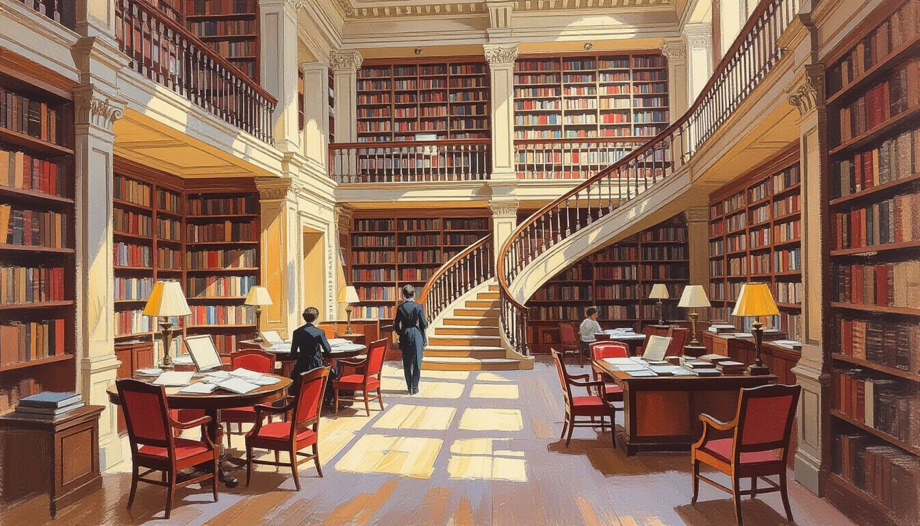 Impressionist Library Interior with Spiral Staircase