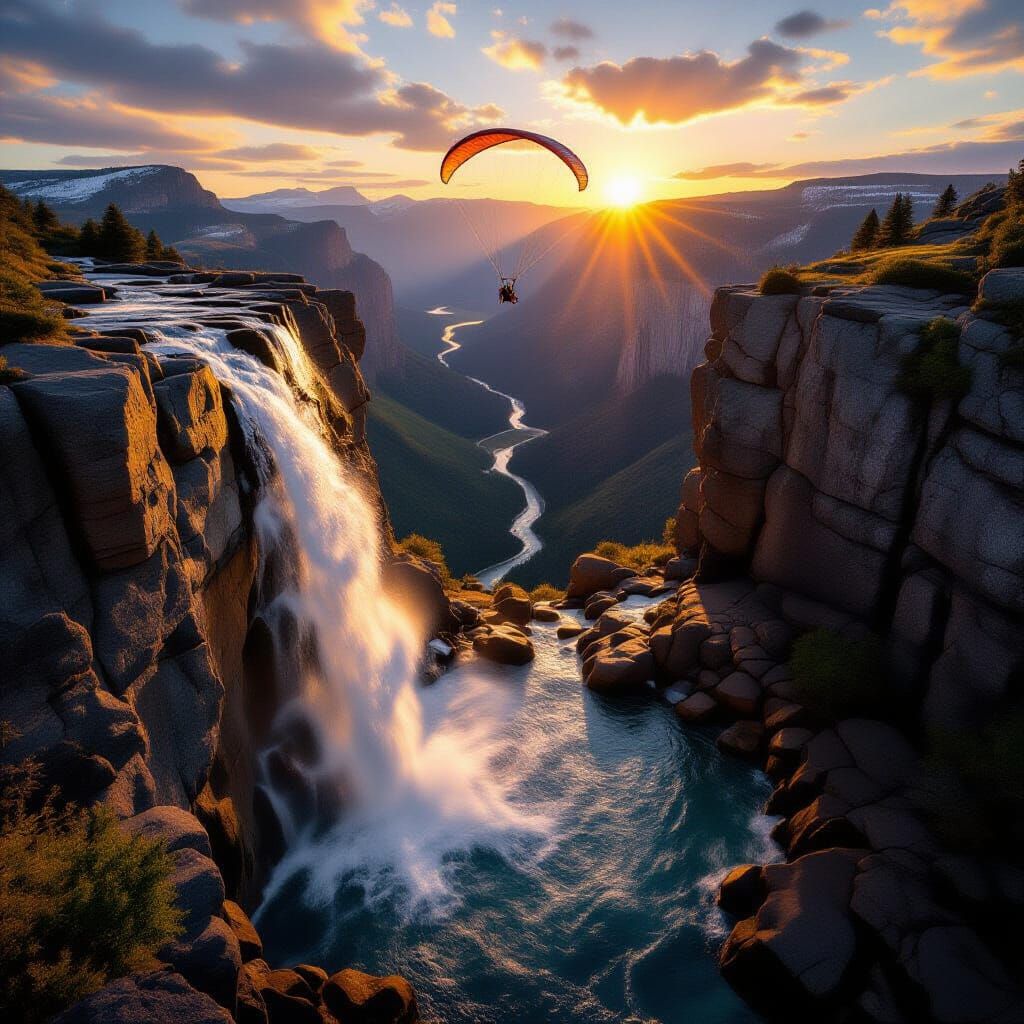 Epic Hang Glider Flight Over Golden Waterfall