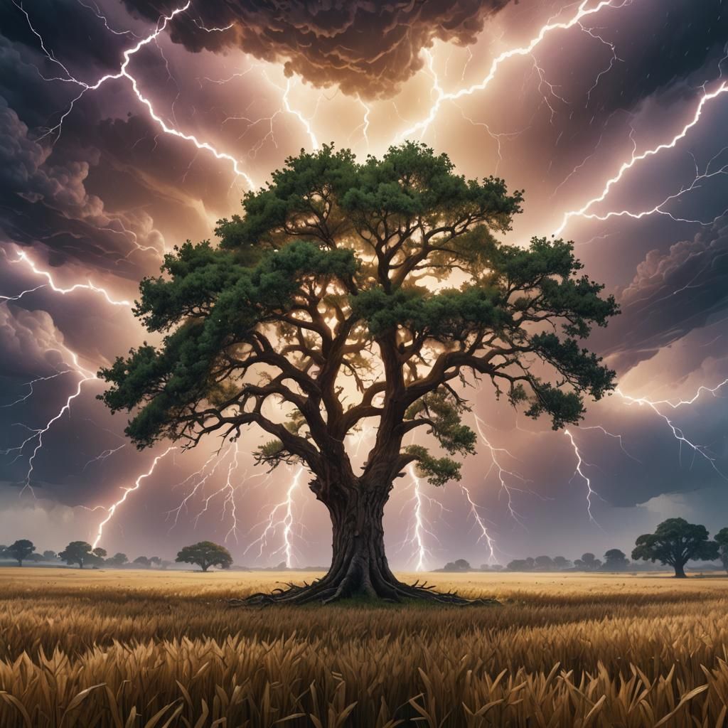 Lightning Strikes Oak Tree: Watercolor Art