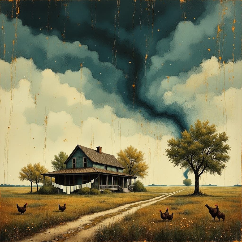 Vintage Texas Farmhouse Under Tornadic Skies