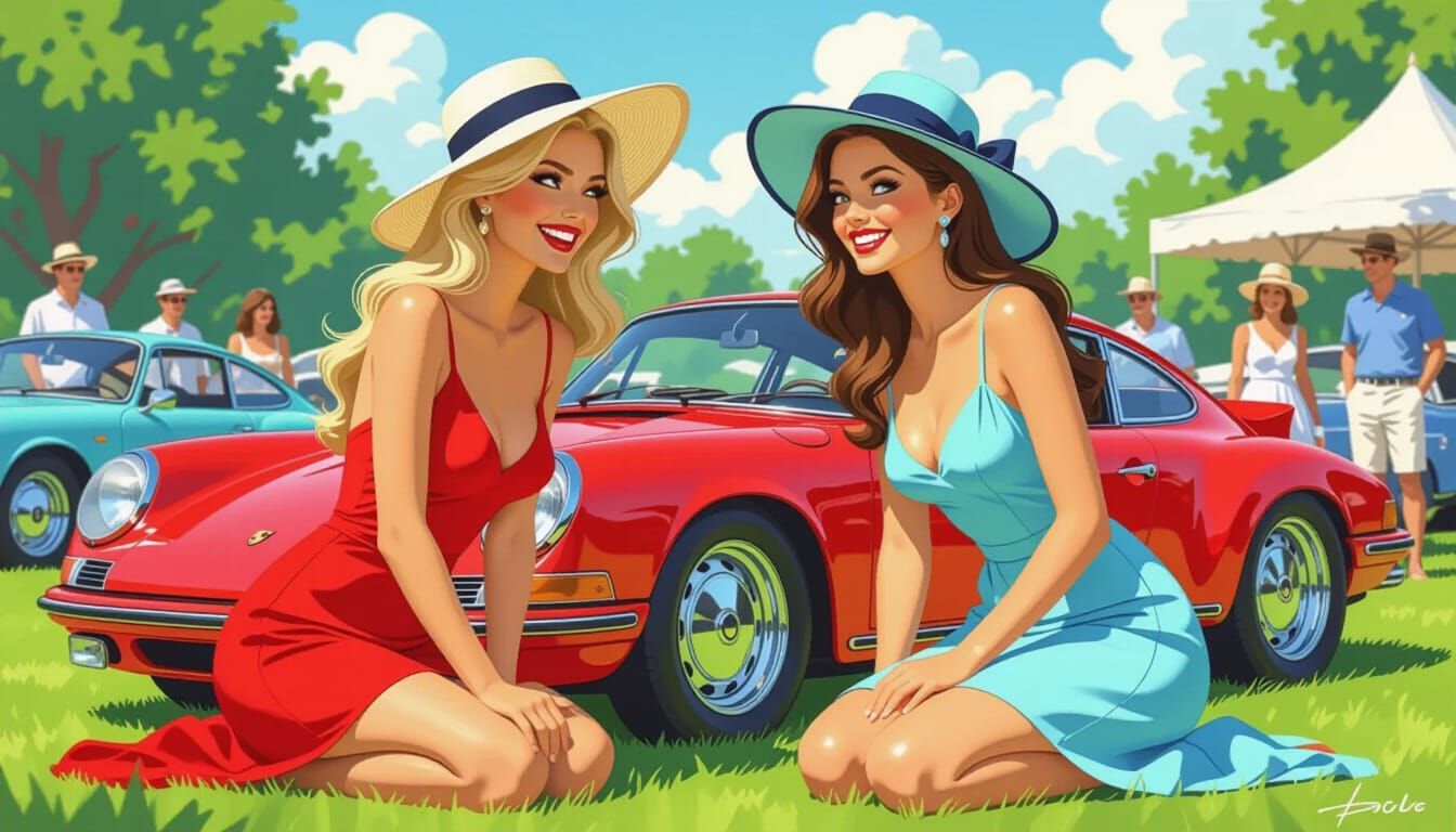 Women Admire Porsche at Auto Show in Comic Style
