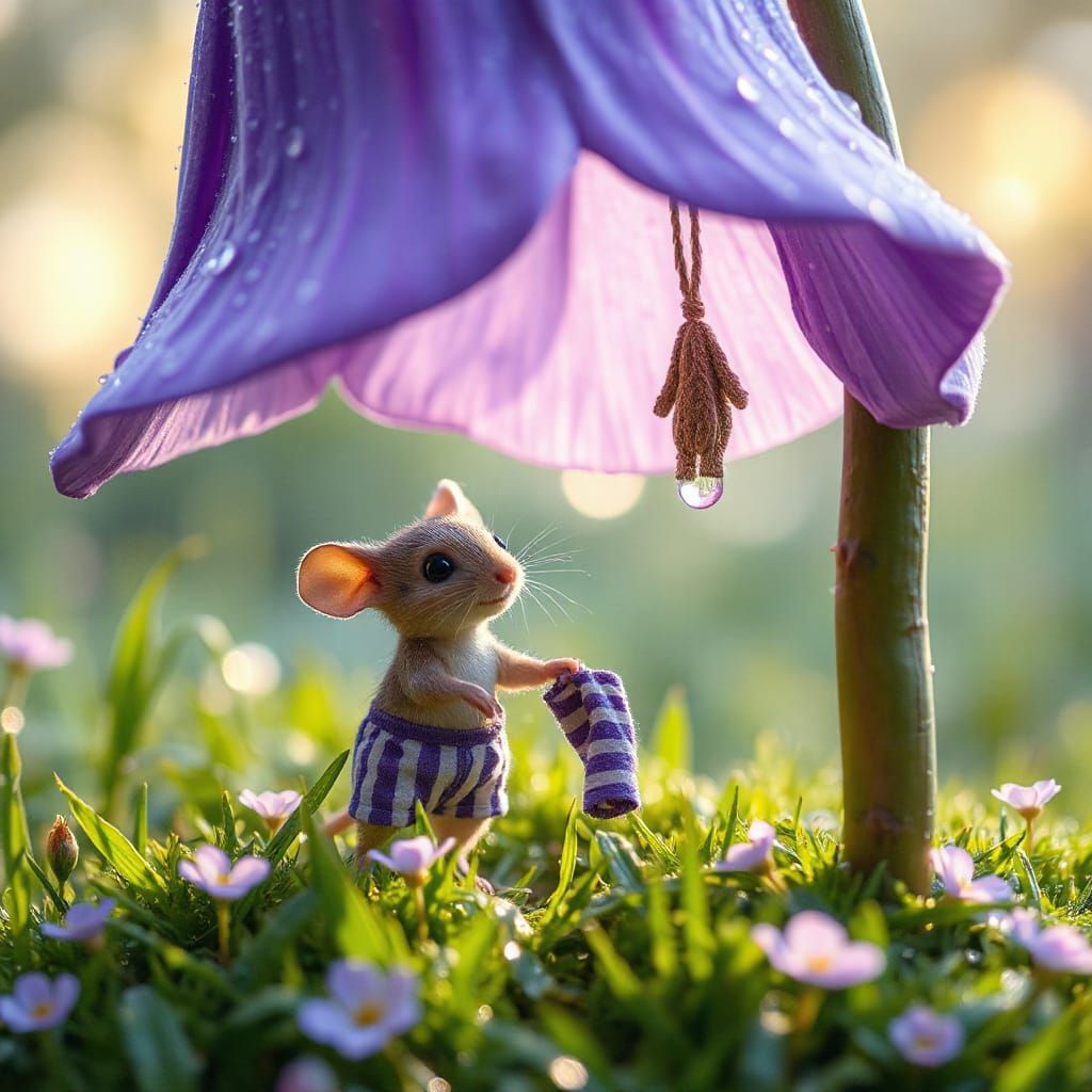 Fairytale Mouse Doing Laundry Under Giant Purple Flower