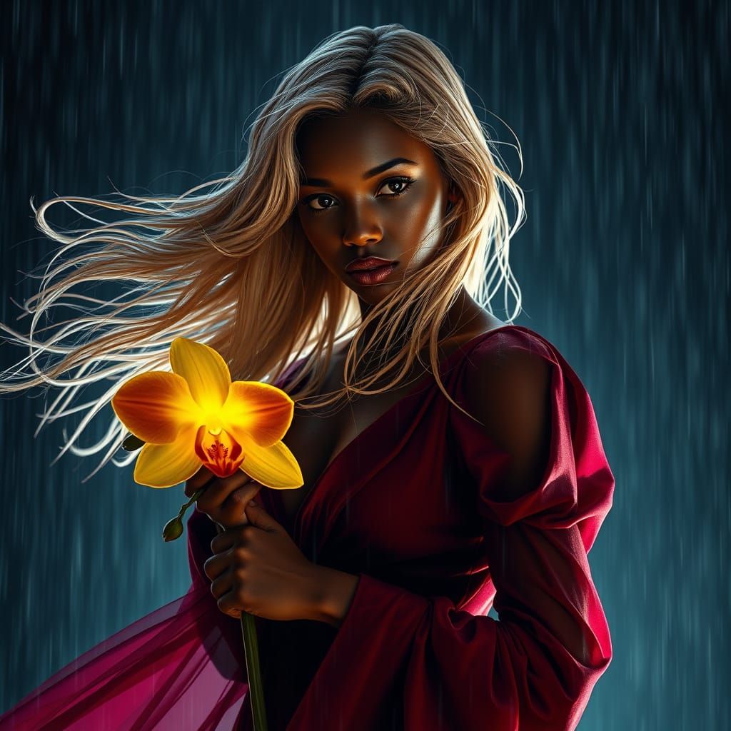 Woman in Crimson Dress with Orchid, Matte Painting