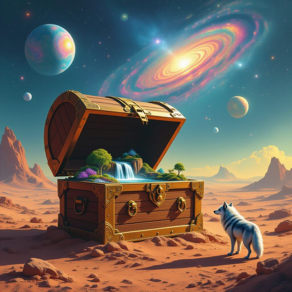 Surreal Alien Treasure Chest Watched by Stardust Wolf