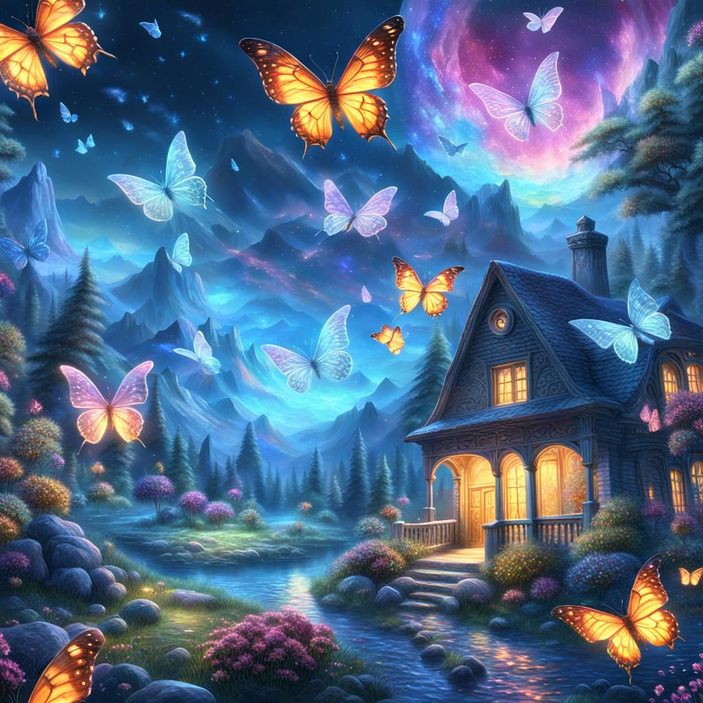 Crystal Night Butterflies in Maximalist Digital Painting