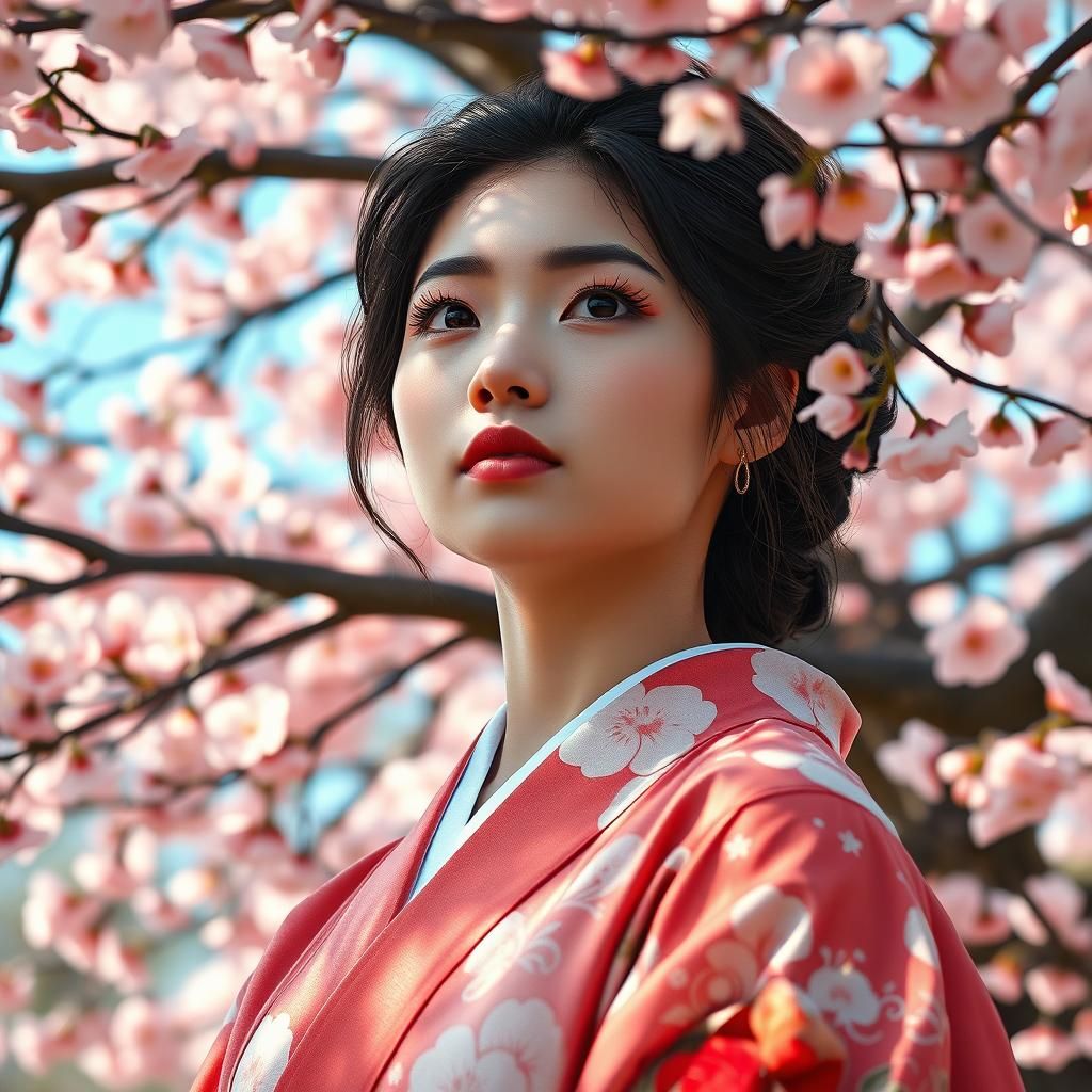 Woman in Kimono Beneath Cherry Blossom Tree