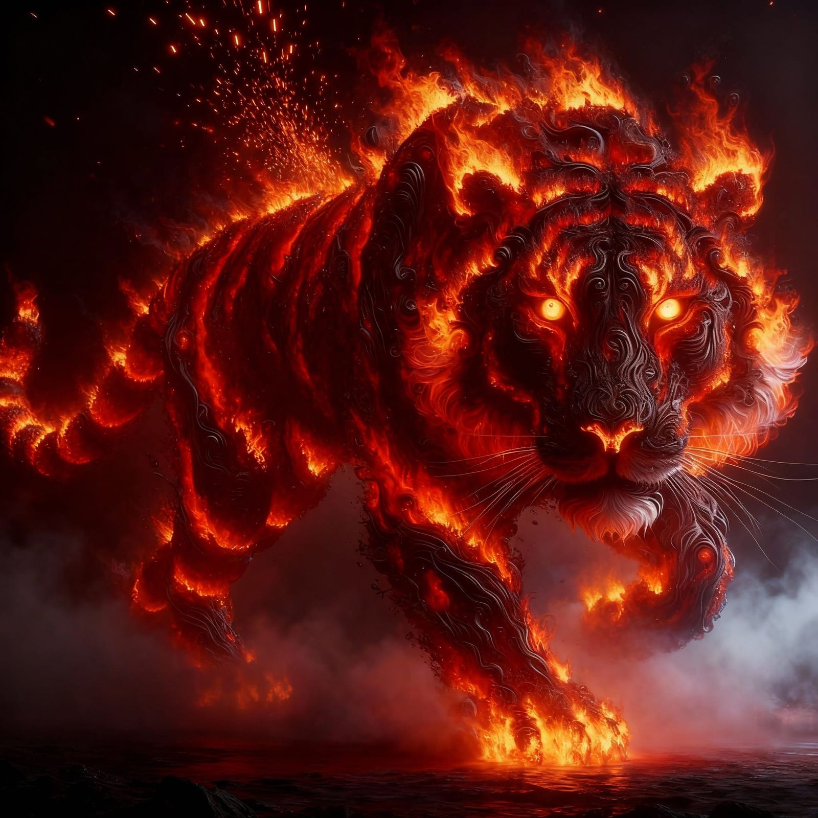 Fiery Tiger Emerging from Darkness in Digital Matte Painting...