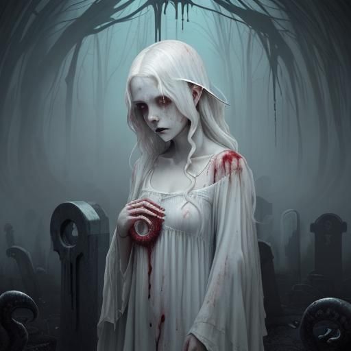 spooky ghost child, white hair, white nightgown, red tentacle hair, graveyard, tentacle monster, shy, pensive, dripping ...