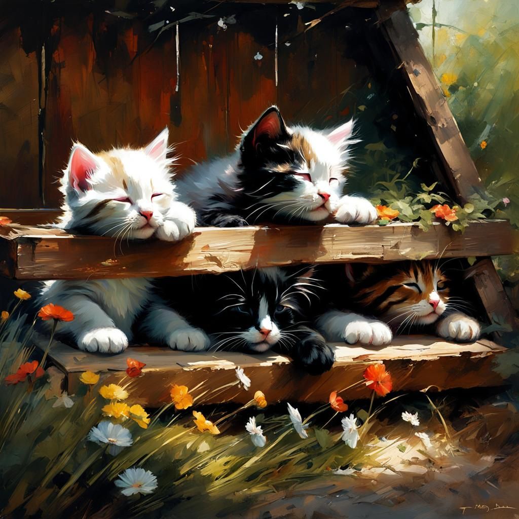 Sleeping Kittens in Rustic Garden: Matte Painting