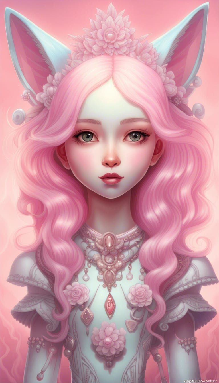 Anthropomorphic fluffy pink kawaii bedazzled big white ears anime-style cat-lady/kitsune