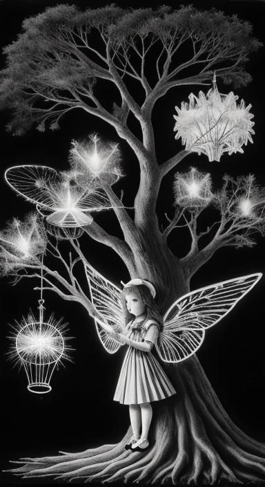Monochrome Crayon Angel and Surreal Tree Drawing