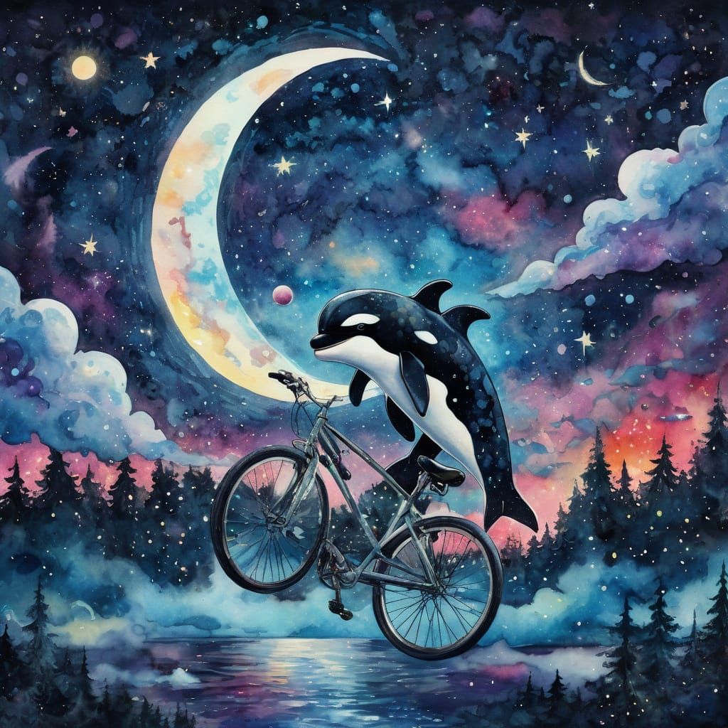 Killer Whale flying on a bike. Watercolor. Whimsical.