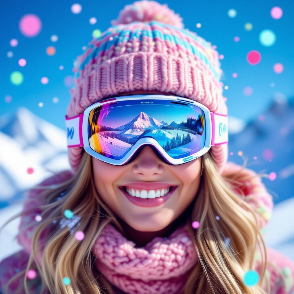 Smiling Woman in Ski Goggles, Neon-Punk Portrait