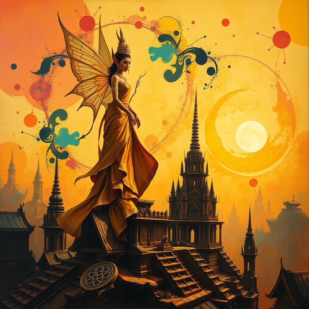 Cambodian Elf on Dystopian Temple in Art Deco Style