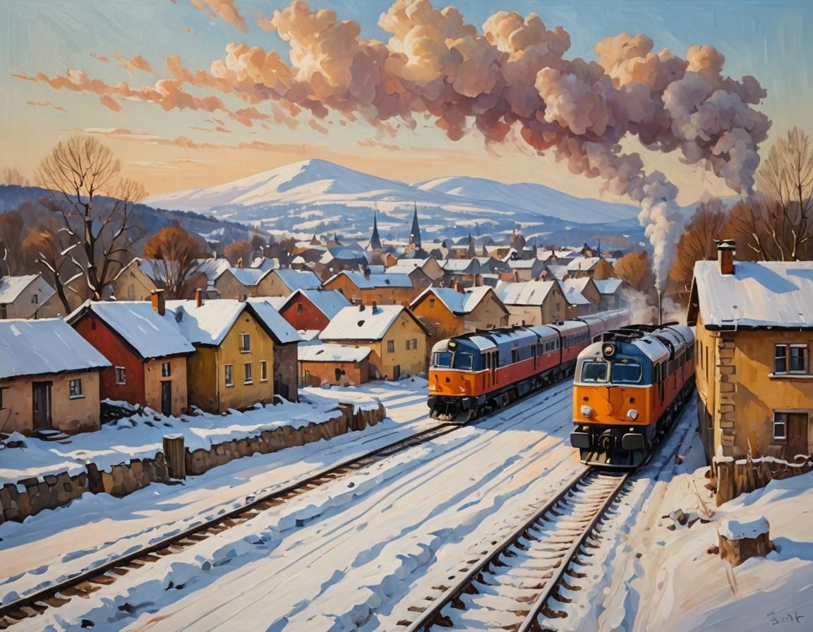 Winter Trains in Snowy Village: An Oil Painting