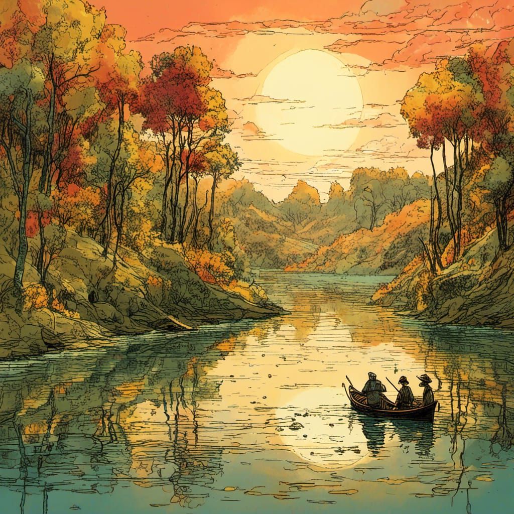 Fisherman on Lake in Hand-Drawn Folk Art Style