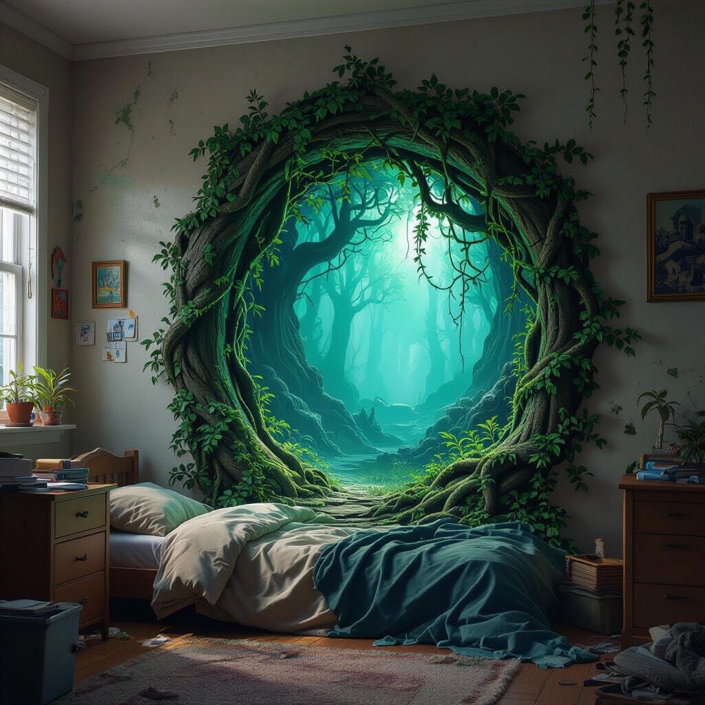 Mythical Forest Portal in Messy Bedroom Matte Painting
