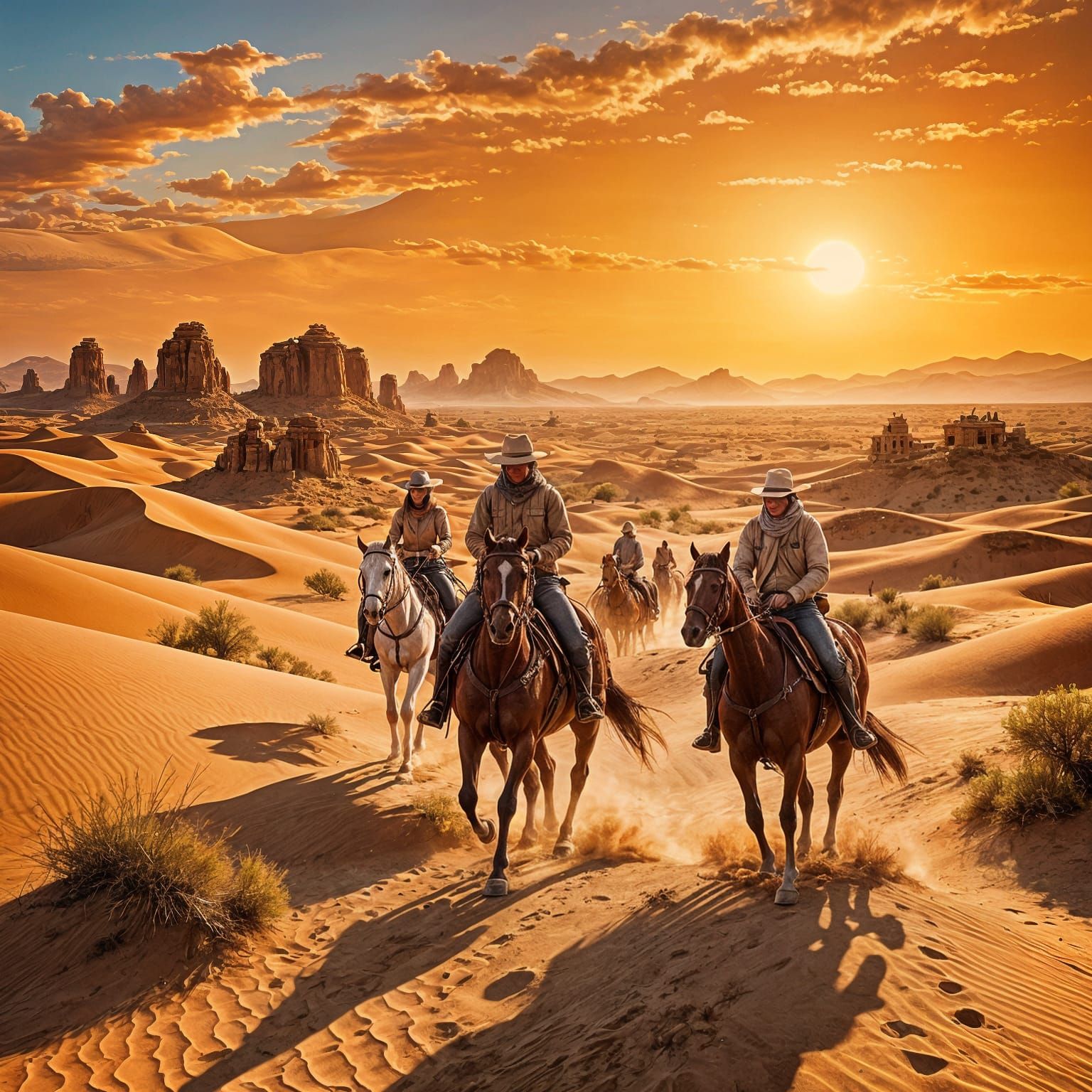 Egg Riders on Desert Horses in Realistic Scenery