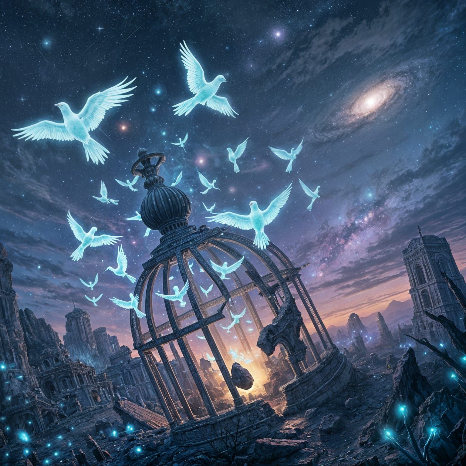 Ethereal Firefly Birds Escape Ancient Cage into Cosmic Sky