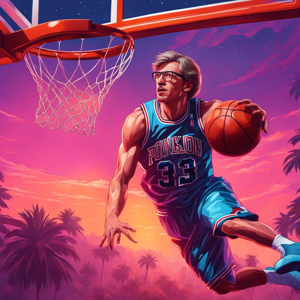 Stephen Hawking Dunks: 8K Vaporwave Illustration