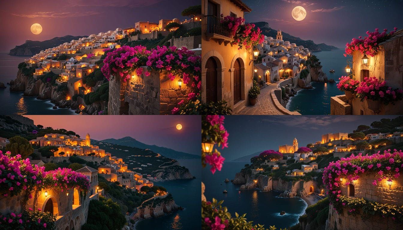Ancient Coastal City at Night: Photorealistic Masterpiece