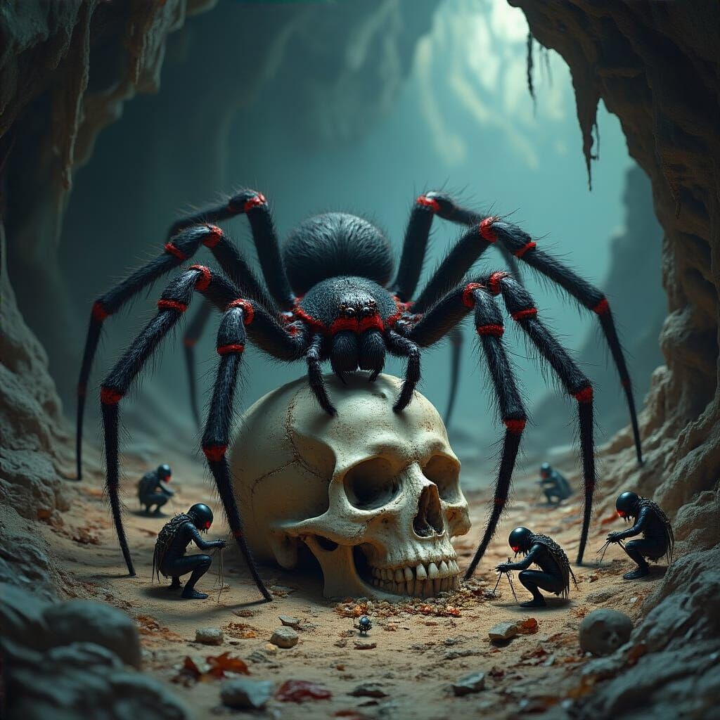 Ominous Spider with Beads on Skull in Dark Cave