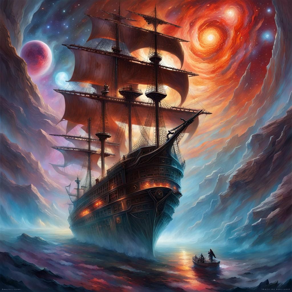 Ethereal Space Pirate Ghost Ship Sails Starry Nebula