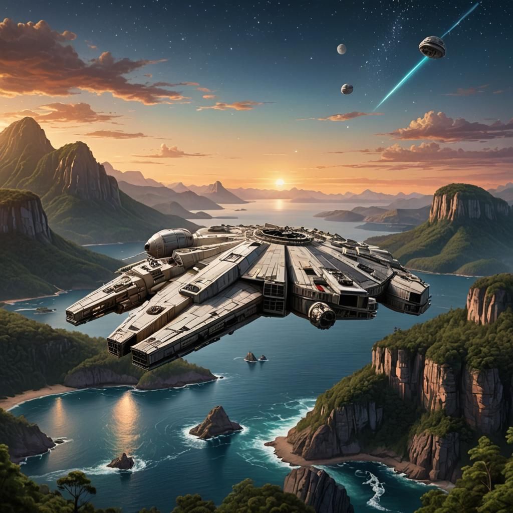 Millennium Falcon Sunset Flight Over Ocean