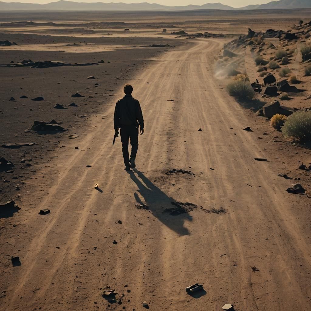 Bleak Plateau: Man Walks Past Fallen Figure