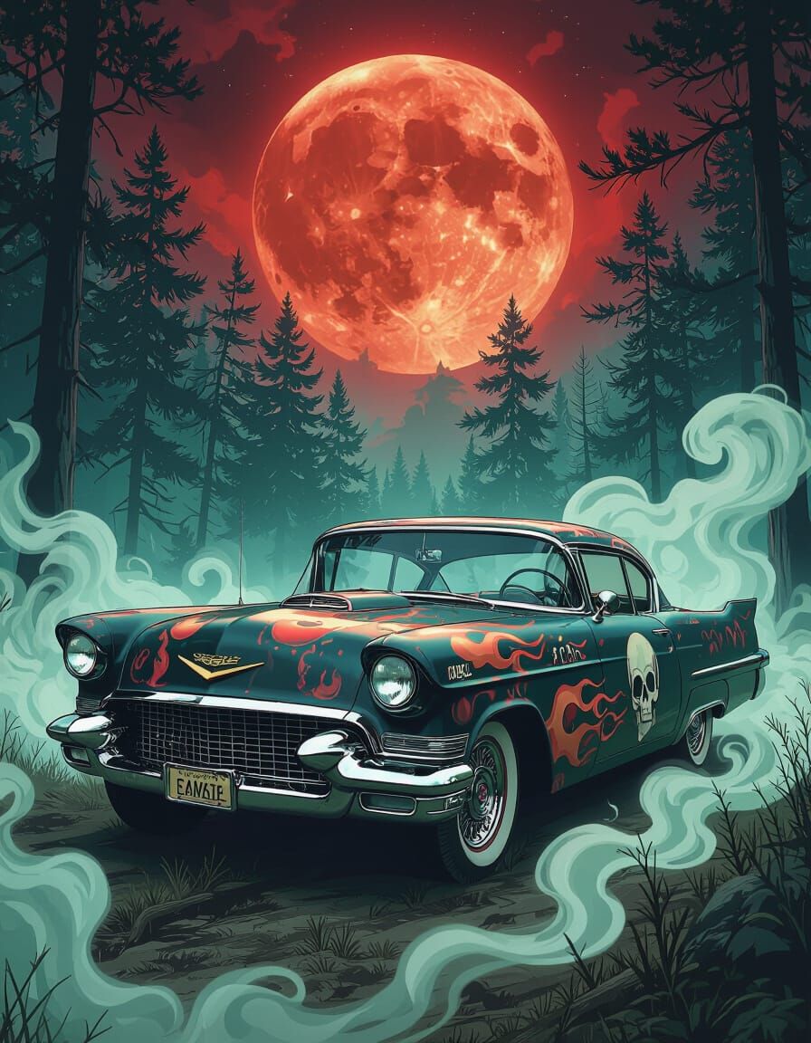 Vintage Cadillac with Skulls in Dystopian Landscape