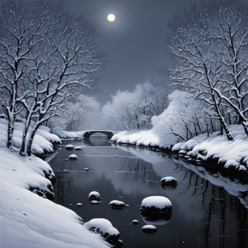 Moonlit Winter Riverscape with Starry Reflection