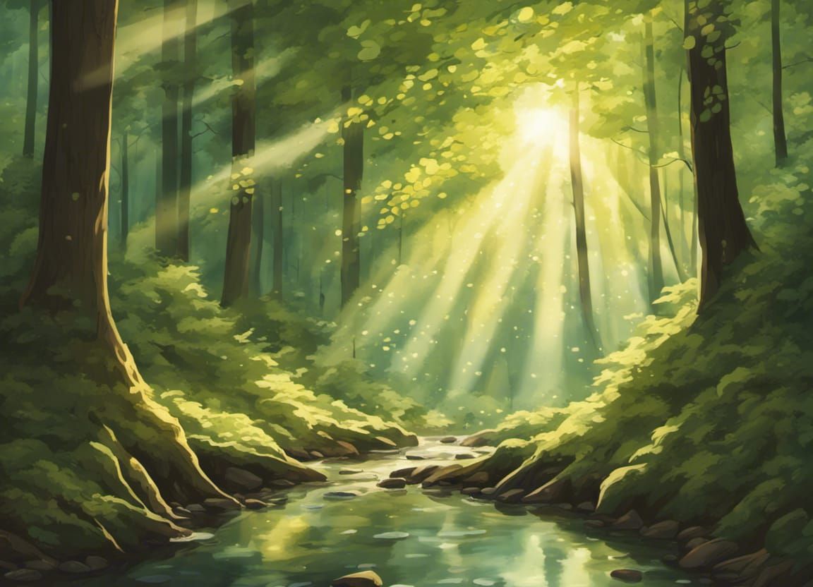 Sun-Dappled Forest with Rustling Leaves and Stream
