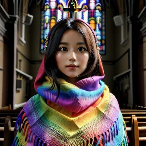 Sparrow Bird in Rainbow Shawl in Church