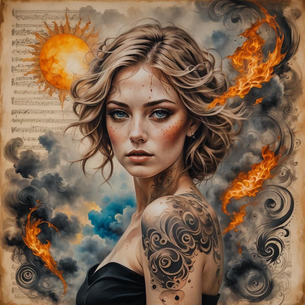 Woman with Tattoos on Burnt Sheet Music in Mixed Media
