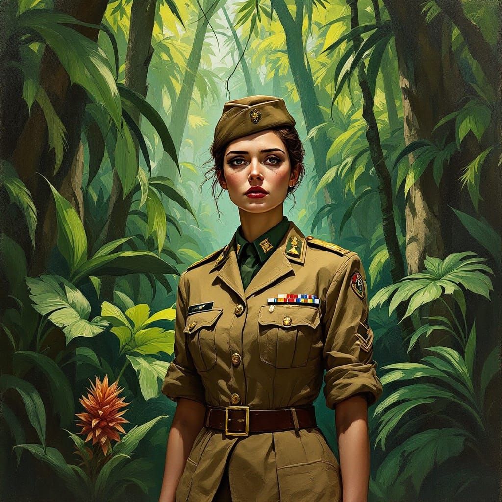 Woman in Jungle Military Uniform, Cubist Oil Painting