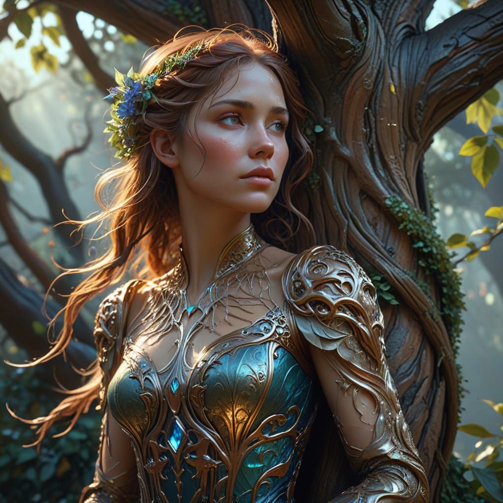Surreal Fantasy Girl Embracing a Majestic Tree in Cyberpunk ...