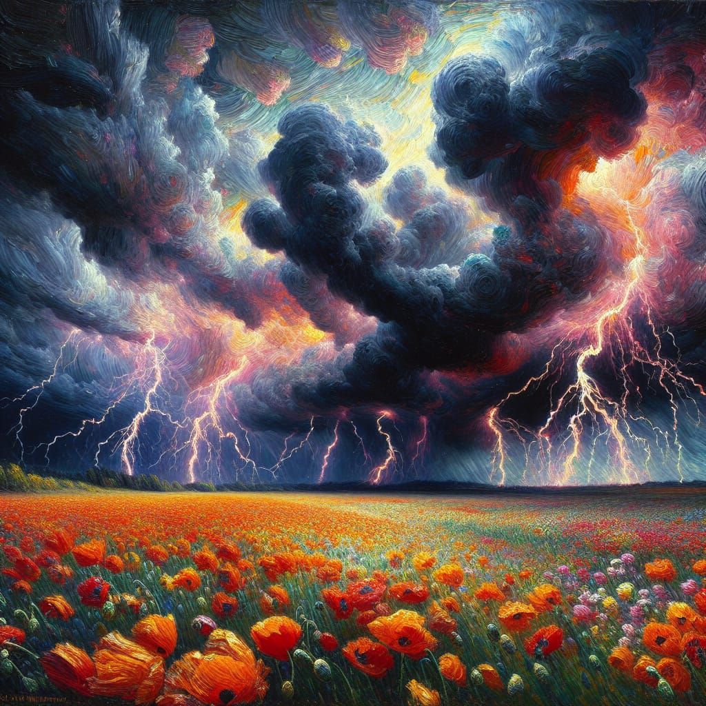 Impressive Stormy Poppy Field Landscape in Oil Painting Styl...