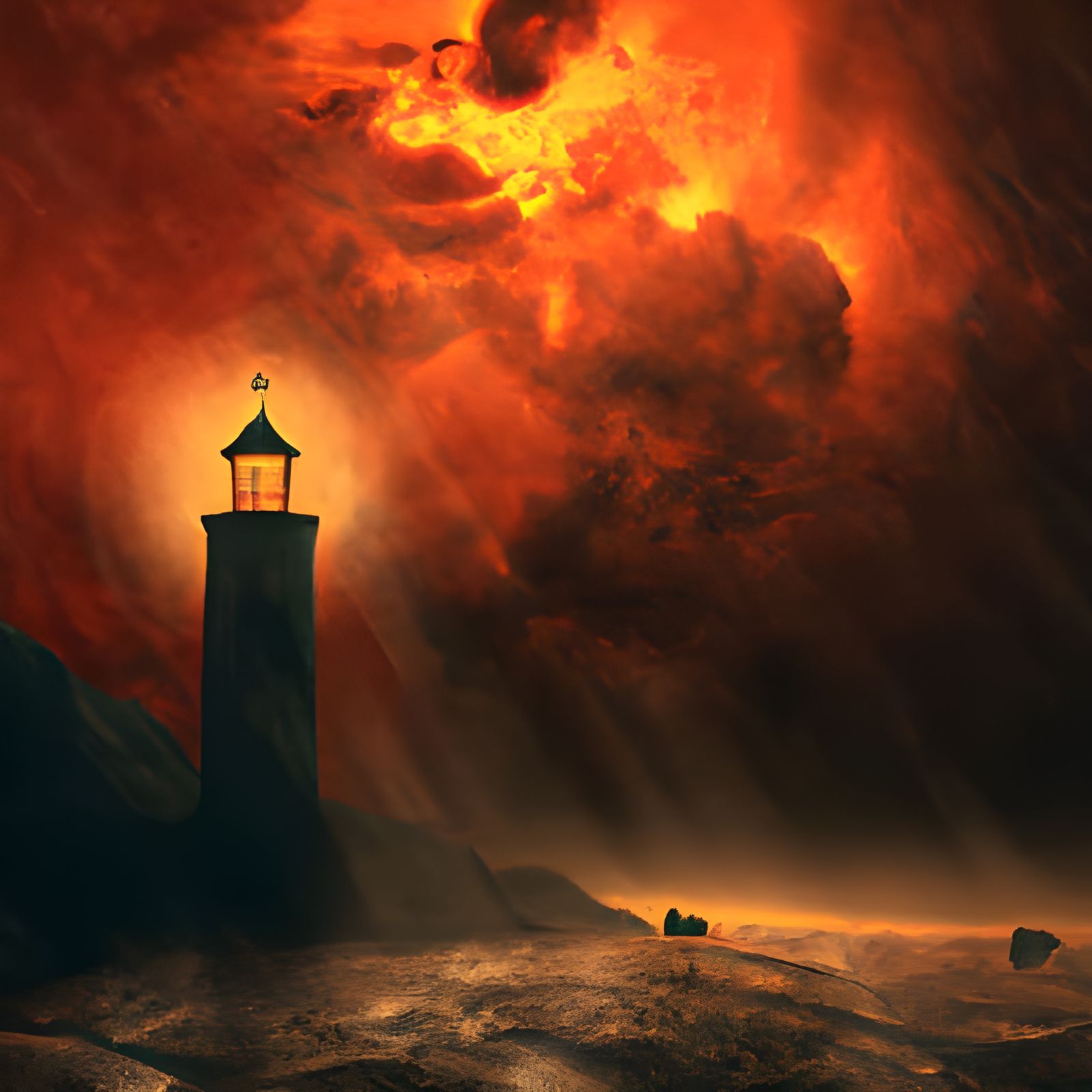 Glowing Lighthouse at Blood Moon Sunset